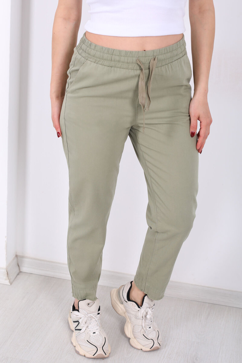 Beli Bağlamalı Paçası Püsküllü Kadın Mint Yeşili Havuç Keten Pantolon - 2