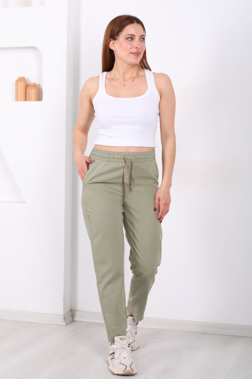 Beli Bağlamalı Paçası Püsküllü Kadın Mint Yeşili Havuç Keten Pantolon - Berox