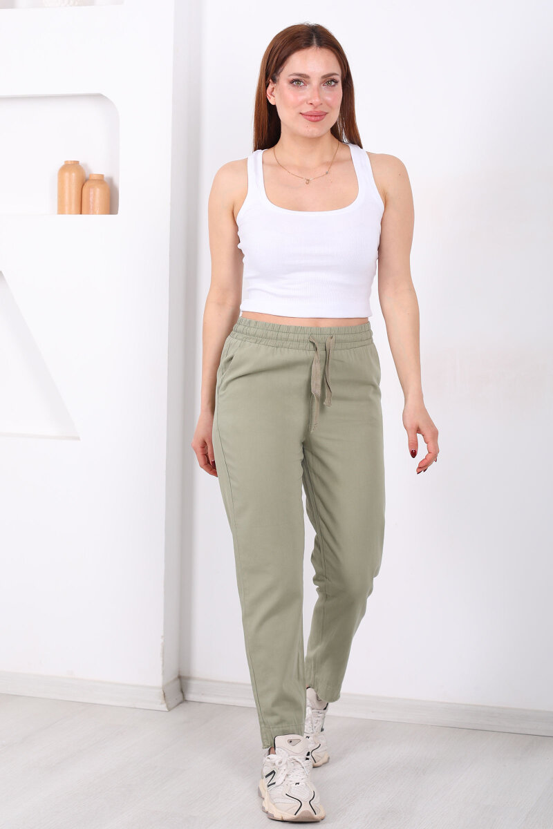 Beli Bağlamalı Paçası Püsküllü Kadın Mint Yeşili Havuç Keten Pantolon - 5