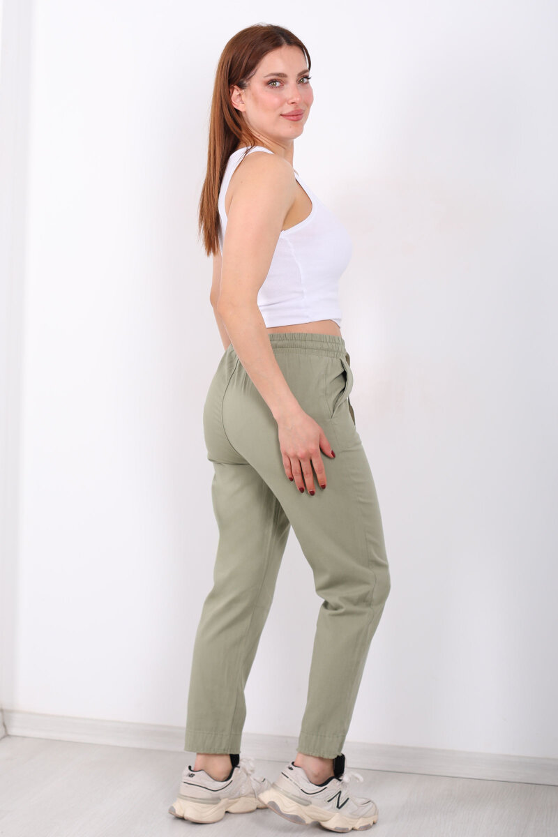 Beli Bağlamalı Paçası Püsküllü Kadın Mint Yeşili Havuç Keten Pantolon - 4