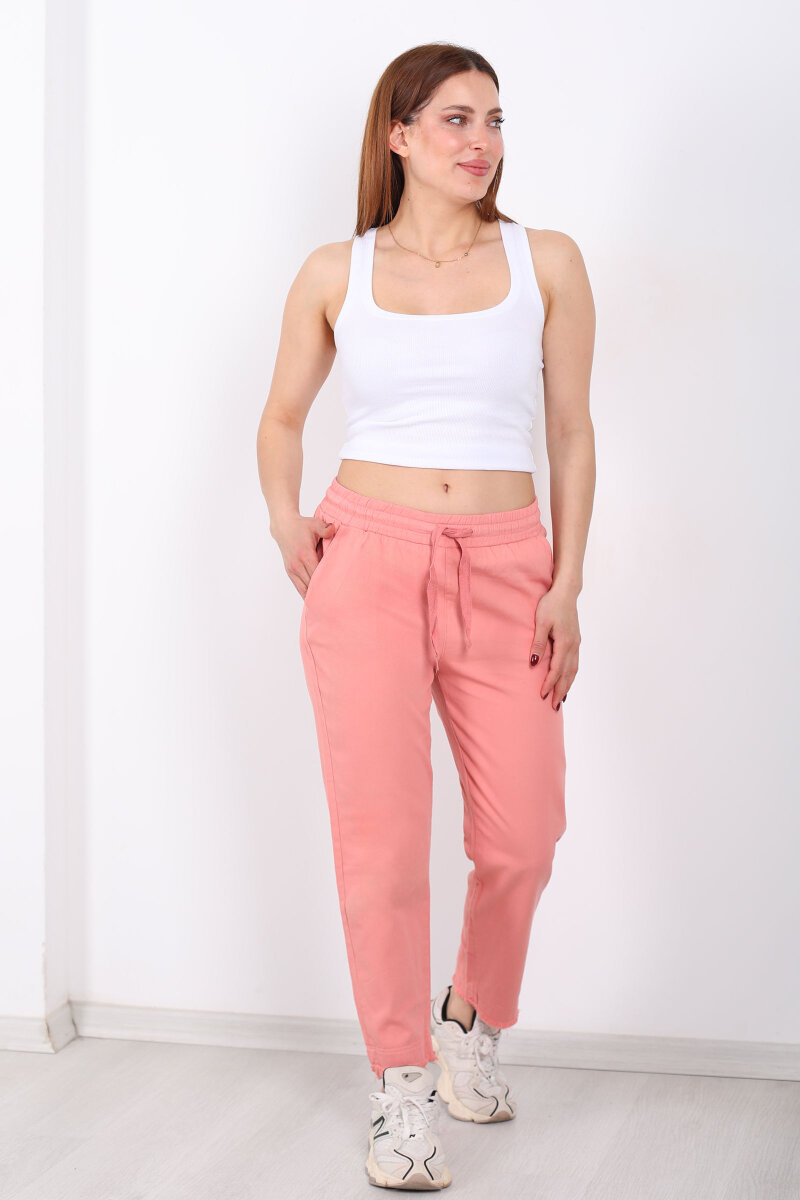 Beli Bağlamalı Paçası Püsküllü Kadın Pembe Havuç Keten Pantolon - 1
