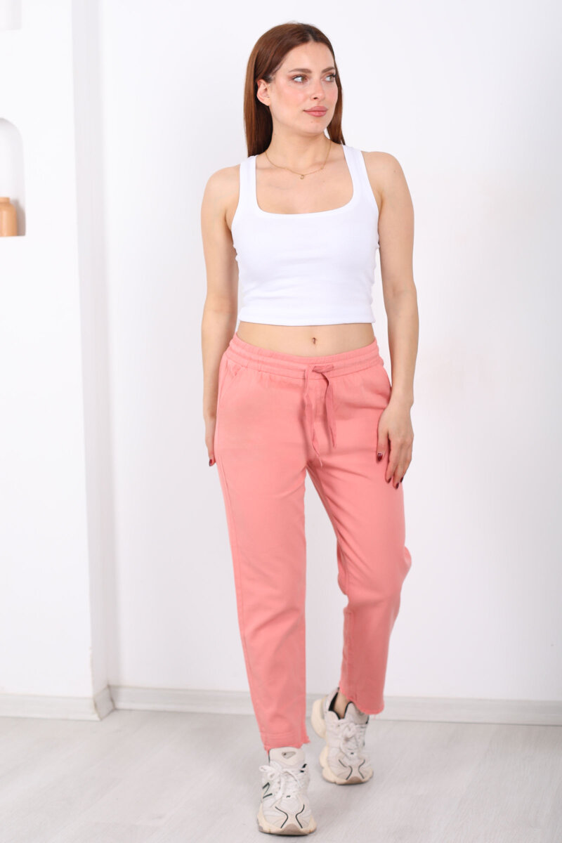 Beli Bağlamalı Paçası Püsküllü Kadın Pembe Havuç Keten Pantolon - 5