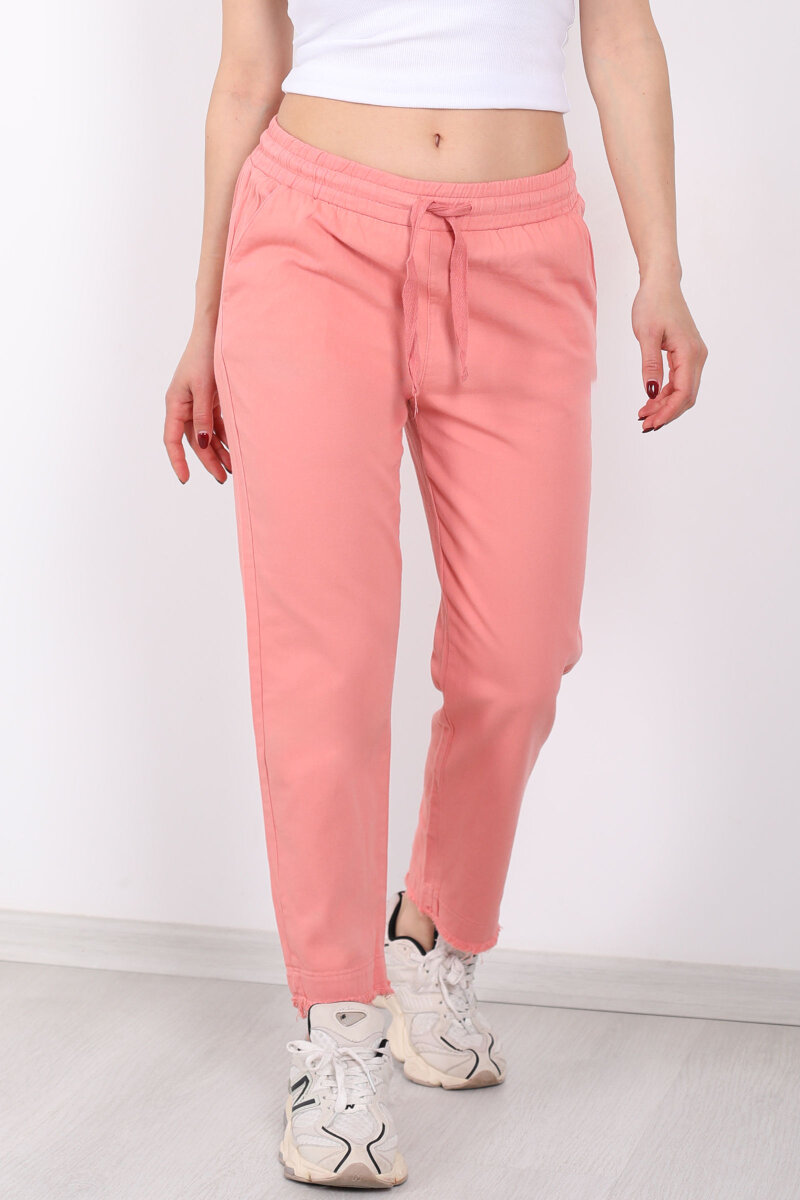 Beli Bağlamalı Paçası Püsküllü Kadın Pembe Havuç Keten Pantolon - 2