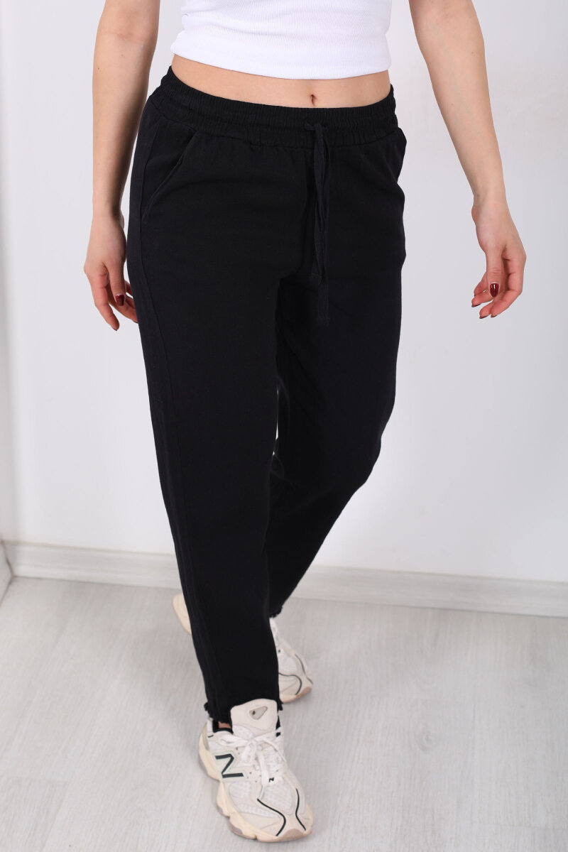 Beli Bağlamalı Paçası Püsküllü Kadın Siyah Havuç Keten Pantolon - 2