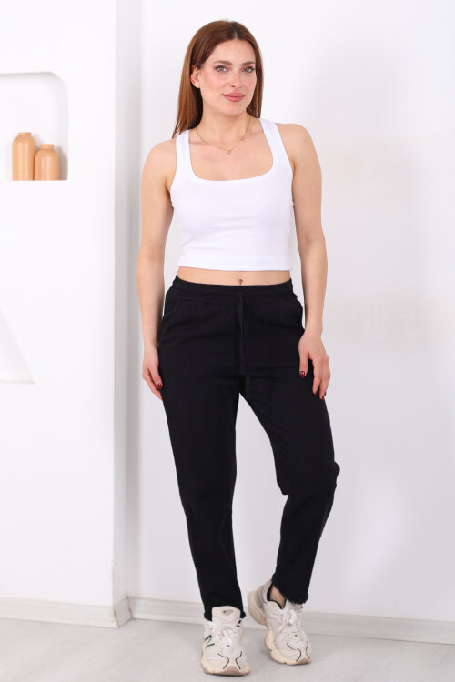 Beli Bağlamalı Paçası Püsküllü Kadın Siyah Havuç Keten Pantolon - 6