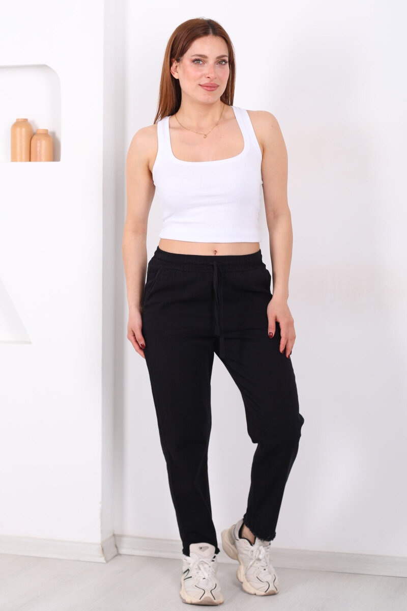 Beli Bağlamalı Paçası Püsküllü Kadın Siyah Havuç Keten Pantolon - 6