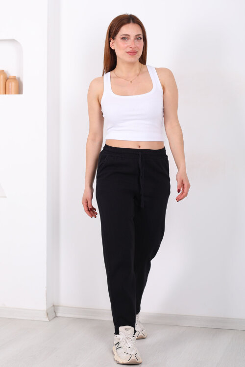 Beli Bağlamalı Paçası Püsküllü Kadın Siyah Havuç Keten Pantolon - 4