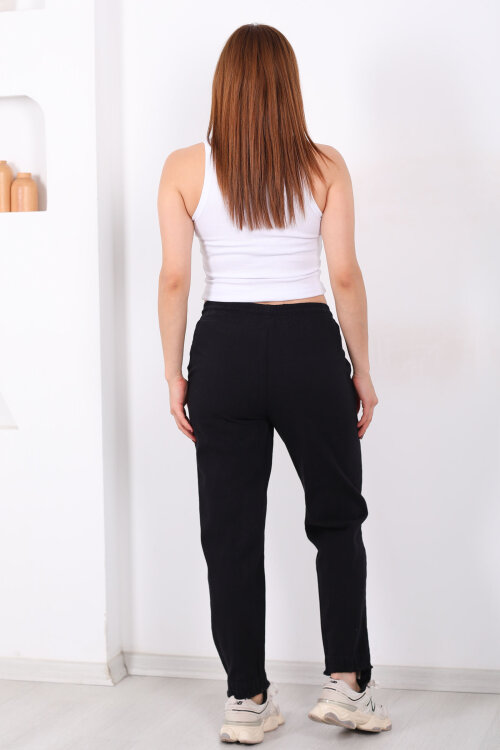 Beli Bağlamalı Paçası Püsküllü Kadın Siyah Havuç Keten Pantolon - 5