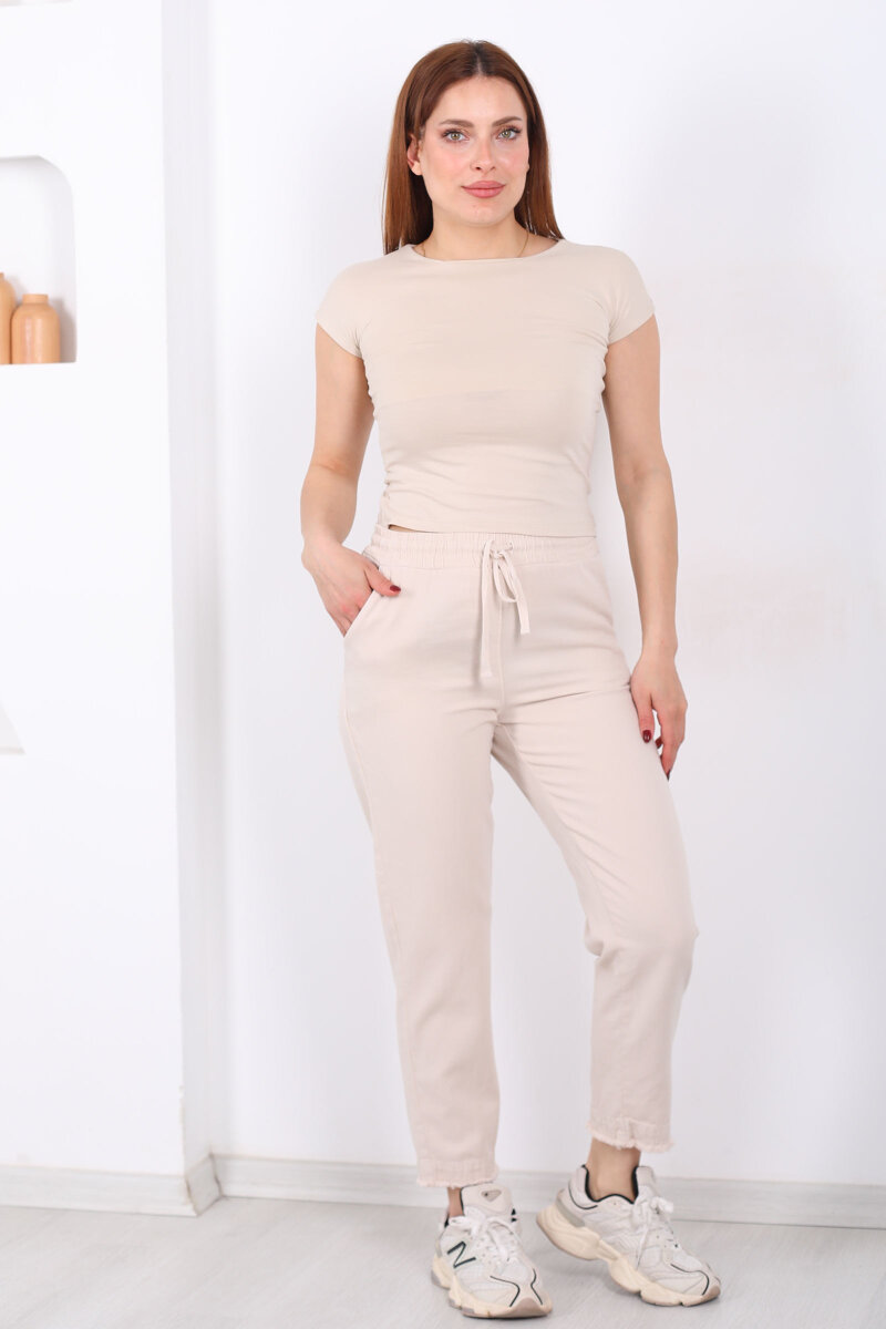 Beli Bağlamalı Paçası Püsküllü Kadın Taş Rengi Havuç Keten Pantolon - 3