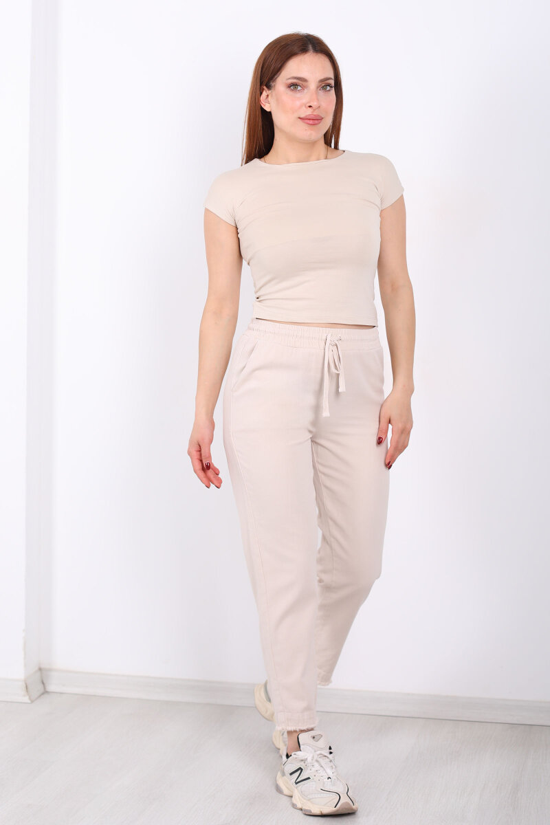 Beli Bağlamalı Paçası Püsküllü Kadın Taş Rengi Havuç Keten Pantolon - 1