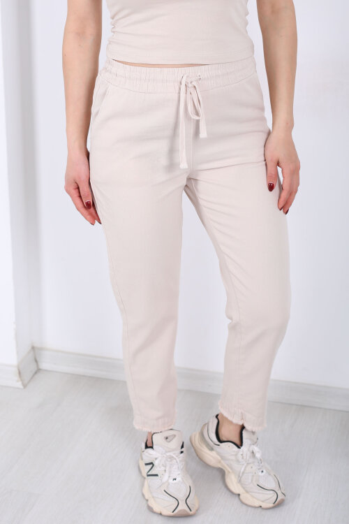 Beli Bağlamalı Paçası Püsküllü Kadın Taş Rengi Havuç Keten Pantolon - Berox (1)