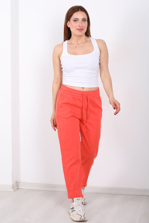 Beli Bağlamalı Paçası Püsküllü Kadın Turuncu Havuç Keten Pantolon - 4