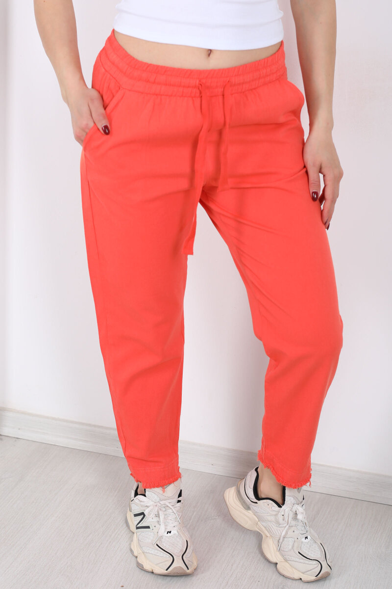 Beli Bağlamalı Paçası Püsküllü Kadın Turuncu Havuç Keten Pantolon - 2