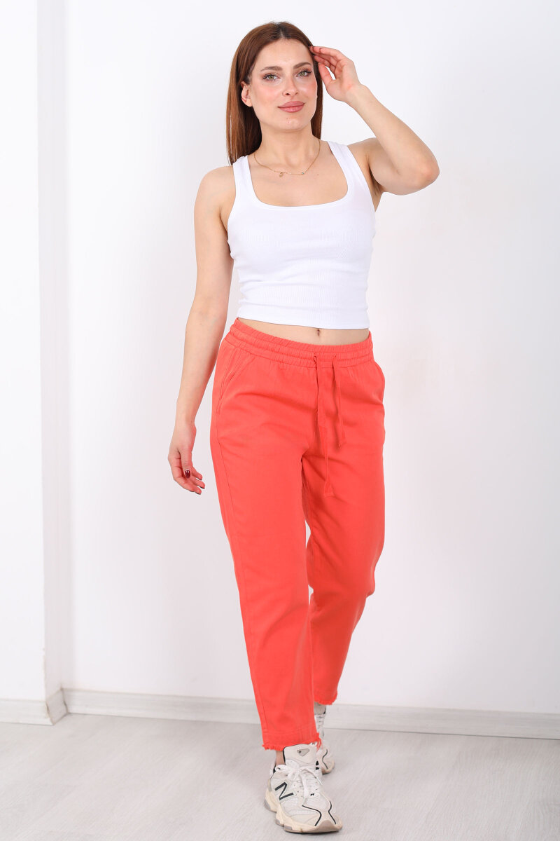 Beli Bağlamalı Paçası Püsküllü Kadın Turuncu Havuç Keten Pantolon - 1