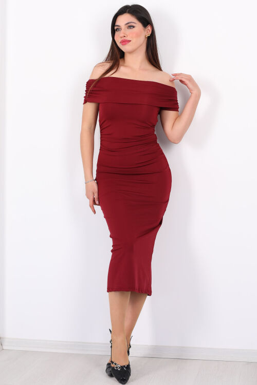 Beli Büzgülü Madonna Yaka Bordo Kadın Uzun Elbise 