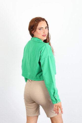 Beli Büzmeli Bağlamalı Keten Yeşil Kadın Crop Gömlek - 5