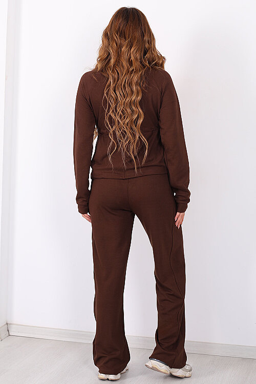 Beli Büzülen Ceket-Pantolon Kahverengi Kadın Takım - 5