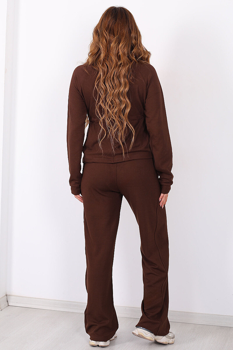 Beli Büzülen Ceket-Pantolon Kahverengi Kadın Takım - 5