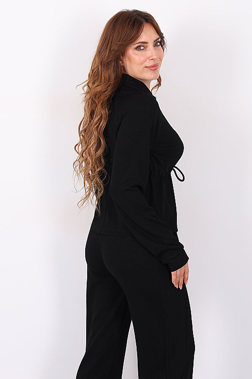 Beli Büzülen Ceket-Pantolon Siyah Kadın Takım - 5