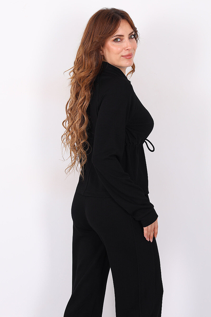 Beli Büzülen Ceket-Pantolon Siyah Kadın Takım - 5