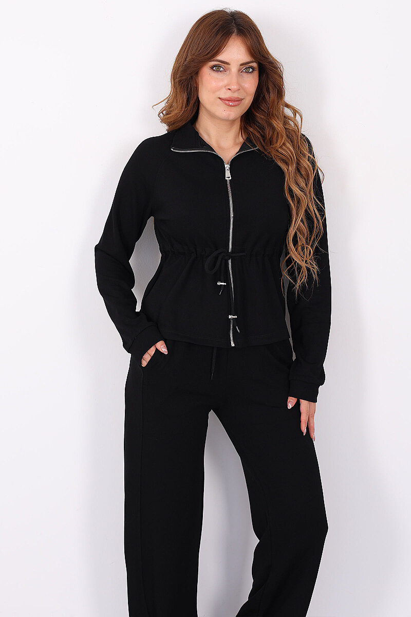 Beli Büzülen Ceket-Pantolon Siyah Kadın Takım - 6