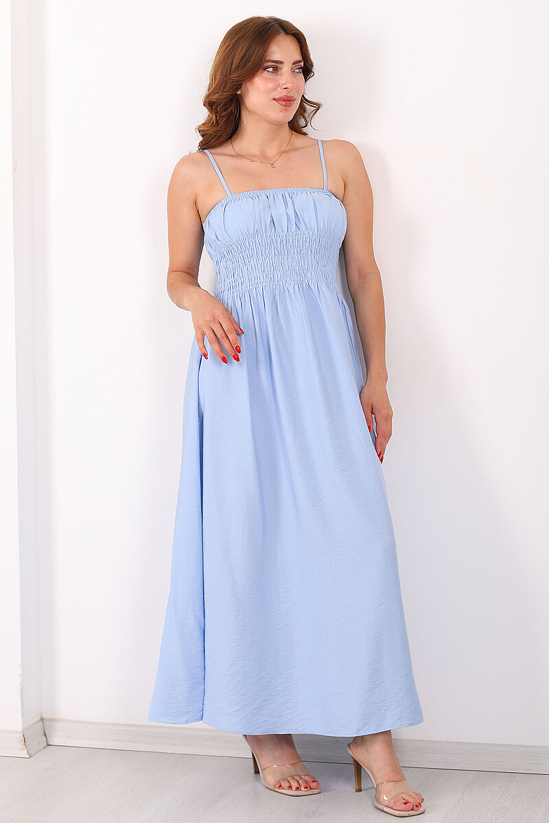 Beli Gipeli İp Askılı Bebe Mavi Kadın Maxi Elbise - 3