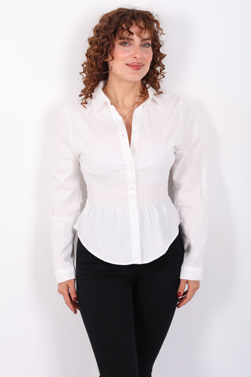 Beli Gipeli Uzun Kollu Beyaz Kadın Gömlek - 4
