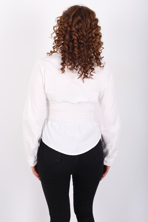 Beli Gipeli Uzun Kollu Beyaz Kadın Gömlek - 5