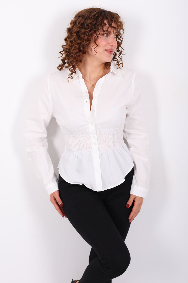 Beli Gipeli Uzun Kollu Beyaz Kadın Gömlek - 3