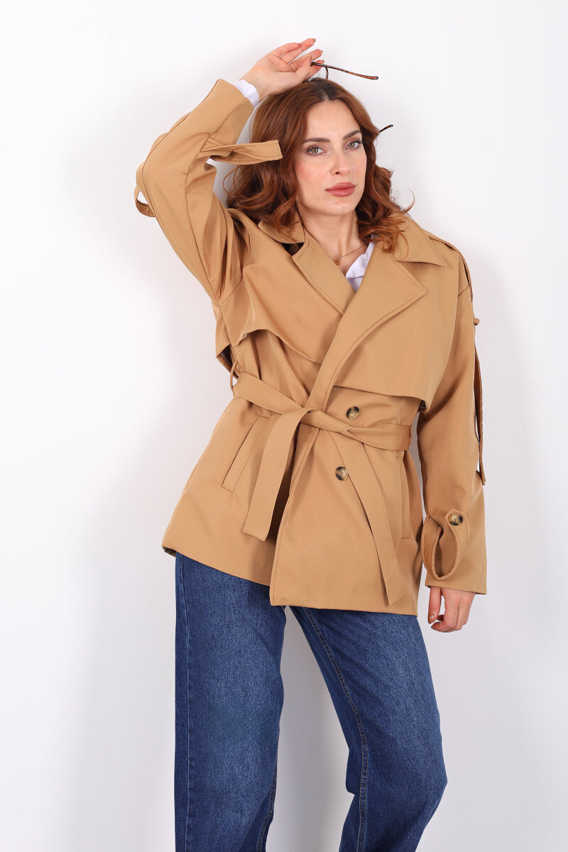 Beli Kuşaklı Oversize Camel Kadın Trençkot - 6