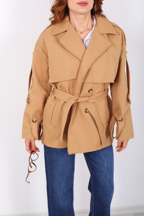 Beli Kuşaklı Oversize Camel Kadın Trençkot - Berox (1)