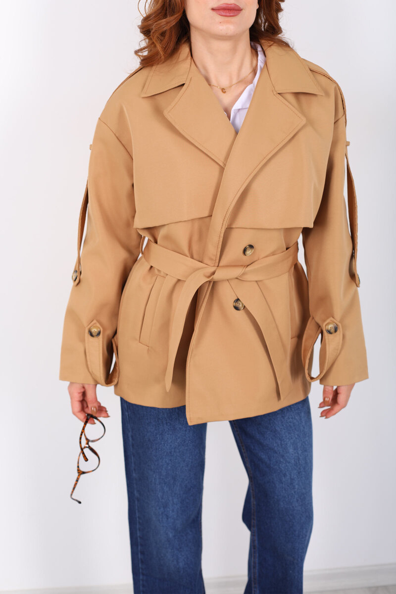Beli Kuşaklı Oversize Camel Kadın Trençkot - 2