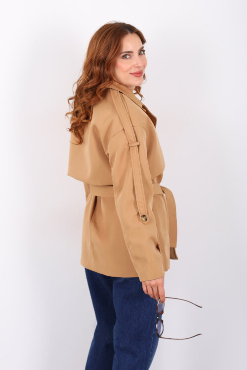 Beli Kuşaklı Oversize Camel Kadın Trençkot - 5