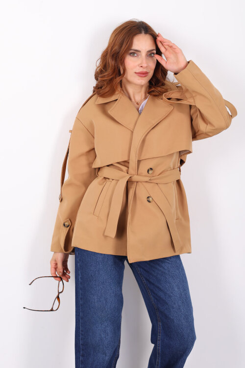 Beli Kuşaklı Oversize Camel Kadın Trençkot - 4
