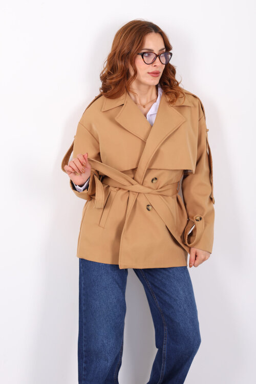 Beli Kuşaklı Oversize Camel Kadın Trençkot - Berox