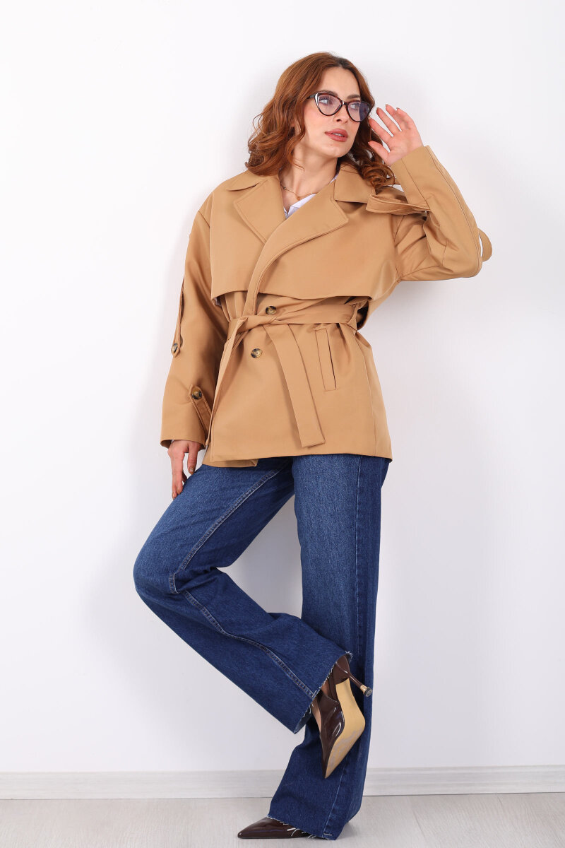 Beli Kuşaklı Oversize Camel Kadın Trençkot - 3
