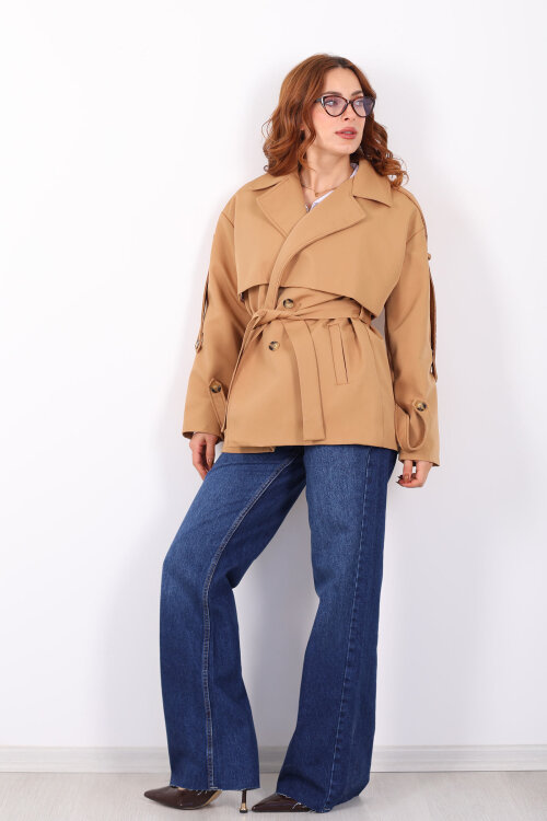 Beli Kuşaklı Oversize Camel Kadın Trençkot - 7