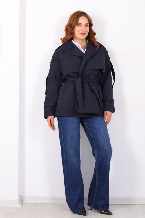 Beli Kuşaklı Oversize Lacivert Kadın Trençkot - 6