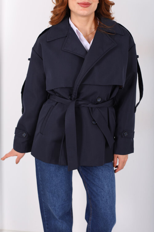 Beli Kuşaklı Oversize Lacivert Kadın Trençkot - Berox (1)