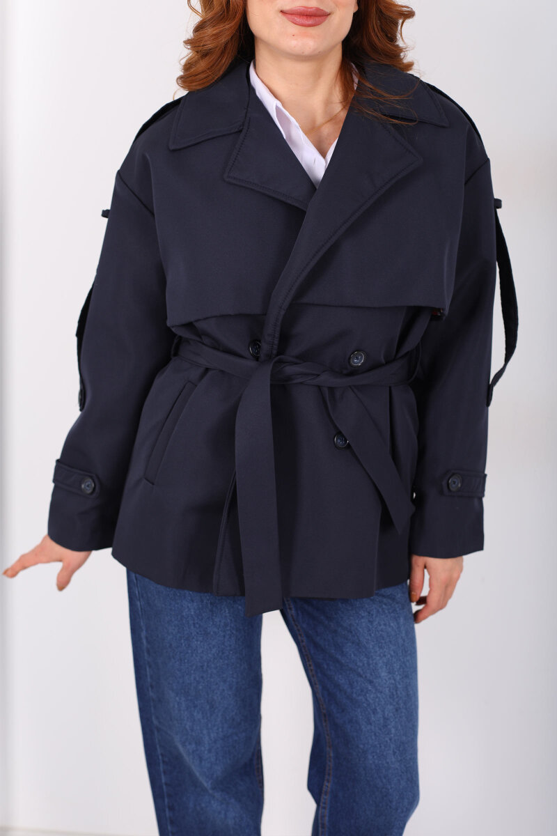 Beli Kuşaklı Oversize Lacivert Kadın Trençkot - 2