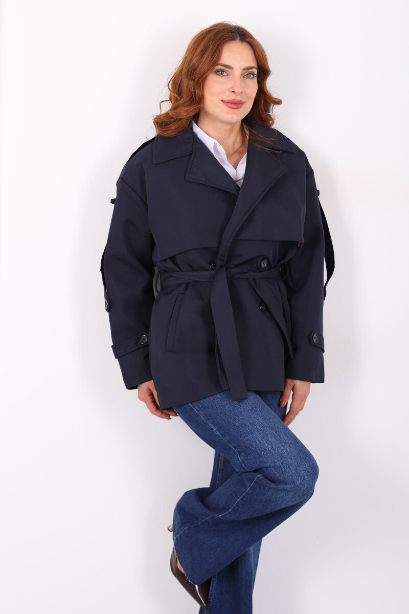 Beli Kuşaklı Oversize Lacivert Kadın Trençkot - 1