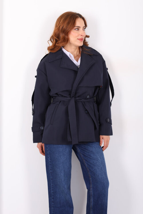 Beli Kuşaklı Oversize Lacivert Kadın Trençkot - 7