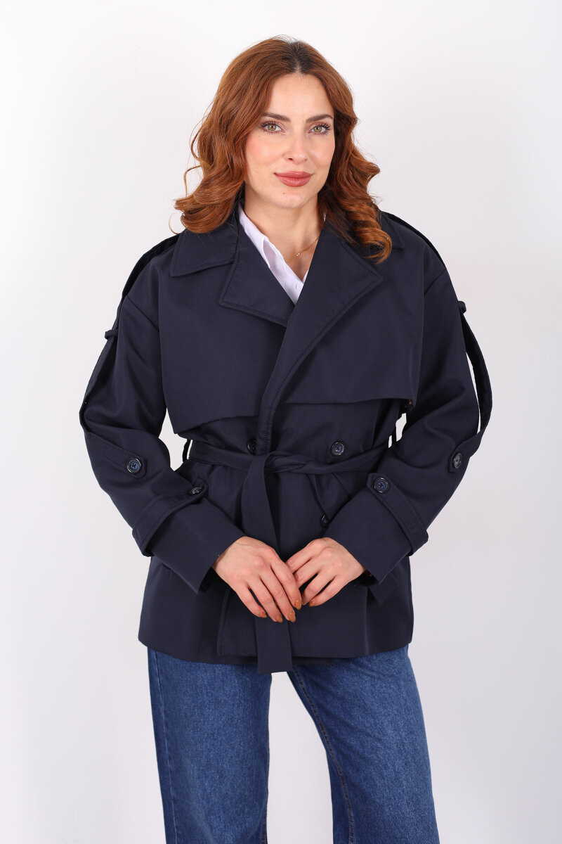 Beli Kuşaklı Oversize Lacivert Kadın Trençkot - 4
