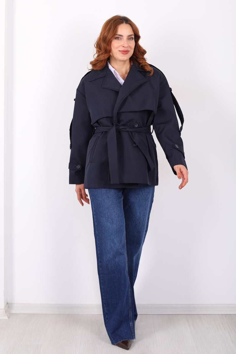 Beli Kuşaklı Oversize Lacivert Kadın Trençkot - 3