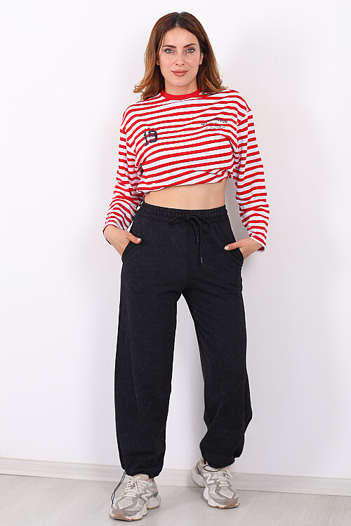 Beli Lasitkli Paça Stoperli Füme Kadın Yıkamalı Eşofman - 5