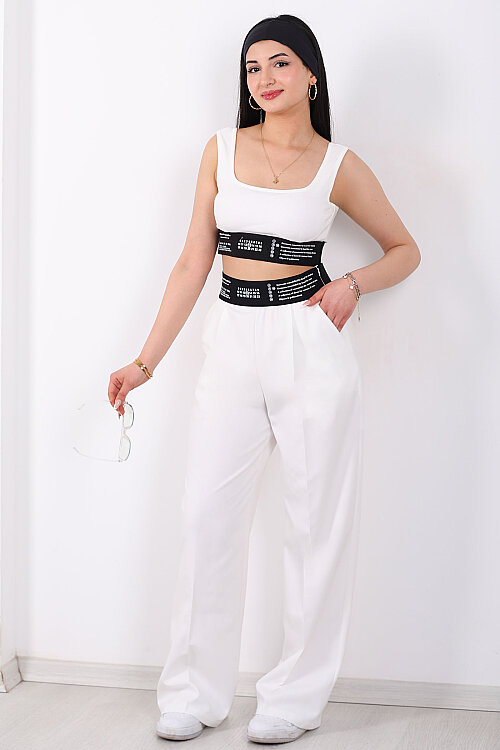 Beli Lastik Yazı Detaylı Kadın Beyaz Palazzo Pantolon - 6