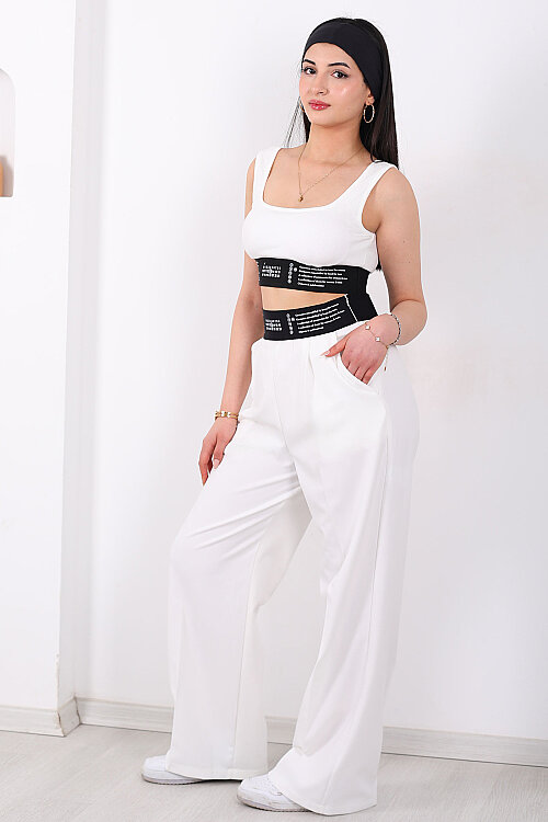 Beli Lastik Yazı Detaylı Kadın Beyaz Palazzo Pantolon - 4