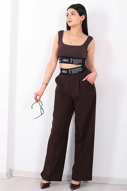 Beli Lastik Yazı Detaylı Kadın Kahverengi Palazzo Pantolon - 6