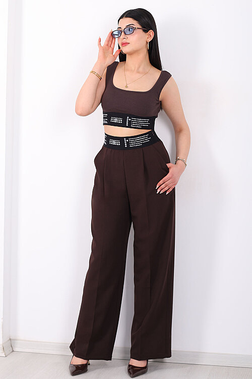 Beli Lastik Yazı Detaylı Kadın Kahverengi Palazzo Pantolon - Berox