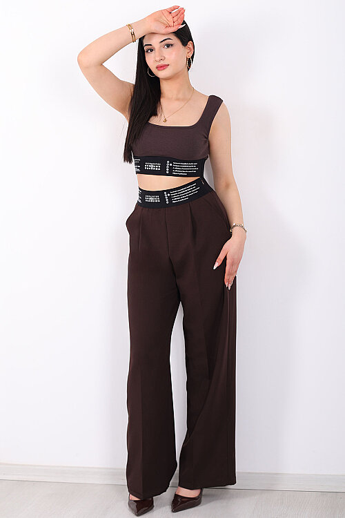 Beli Lastik Yazı Detaylı Kadın Kahverengi Palazzo Pantolon - 3